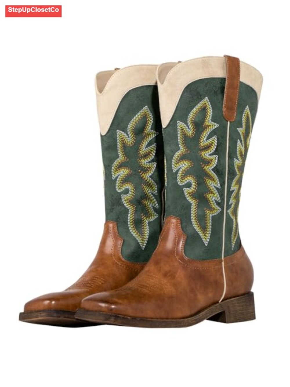 Wide Calf Square Toe Cowgirl Boots for Women - Embroidered Lightweight Pull-On